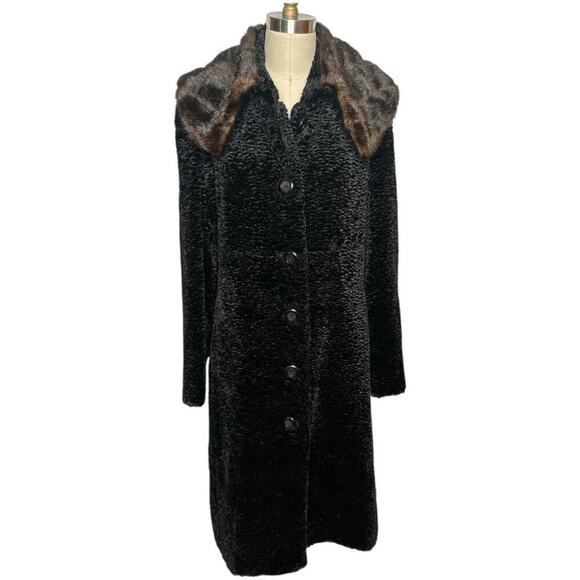 Jones New York Black Faux Lamb Fur Brown Faux Fur Collar Coat Jacket Size L - Picture 1 of 7